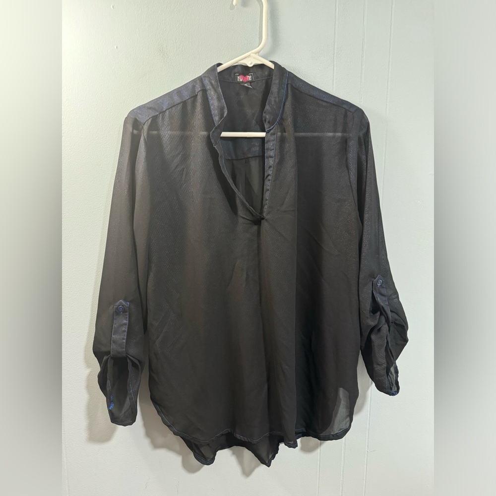 Womens Iky Me Blue Black/Blouse Stand Collar  Size XLarge Long Sleeve